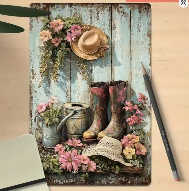 Rustic Vintage Wall Decor Farmhouse French Country Gardening Scene Metal Sign