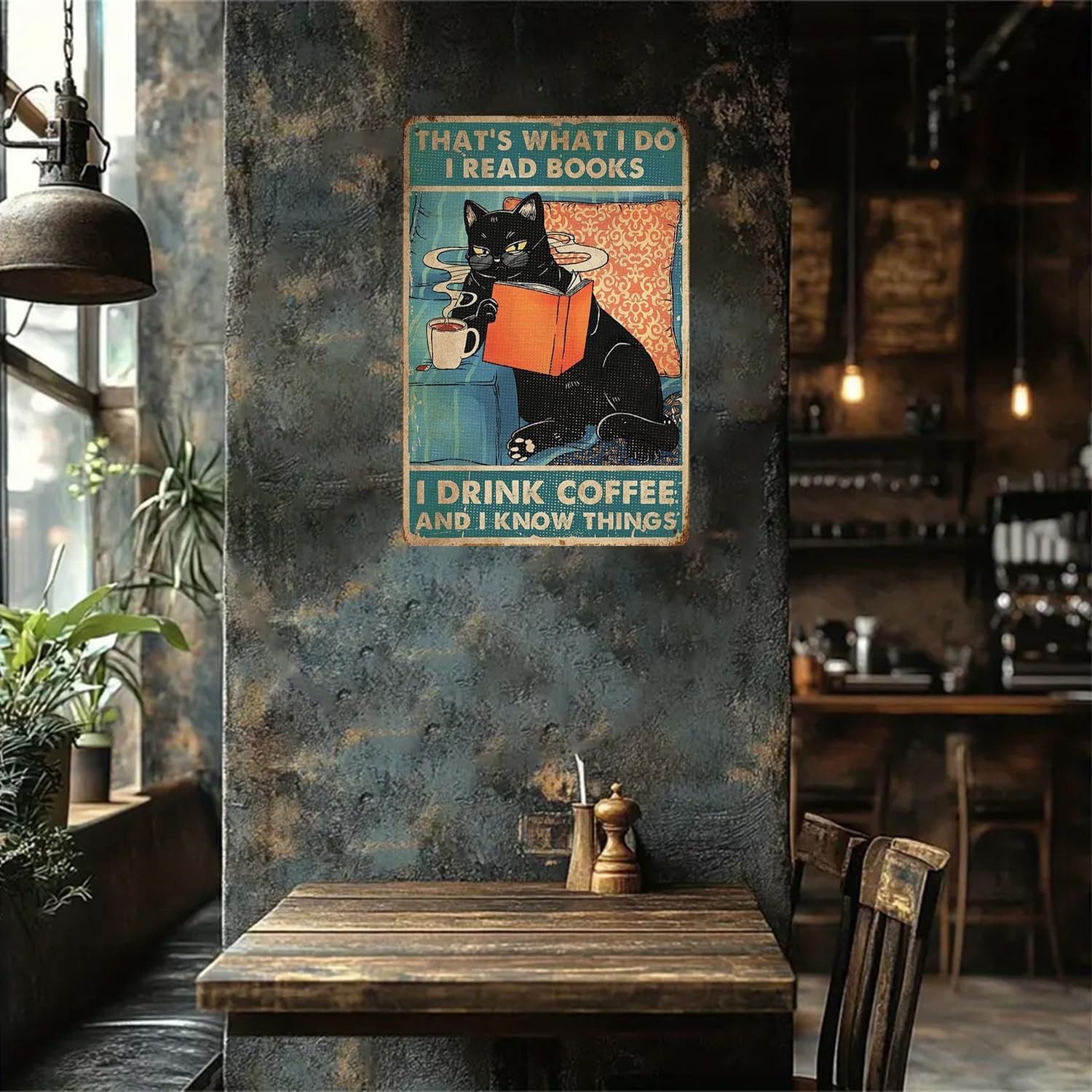 Vintage Cat Tin Sign,Funny Coffee-Drinking Cat Metal Sign,Retro café Wall Decor