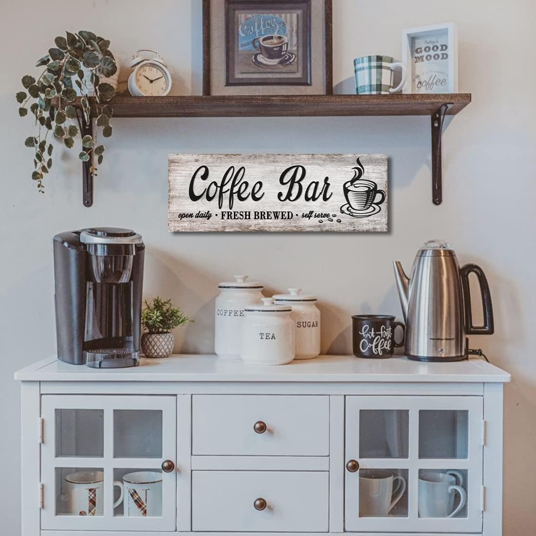 Rustic Wood Grain Coffee Station Decor – Retro Coffee Bar Signs for Kitchen – Se