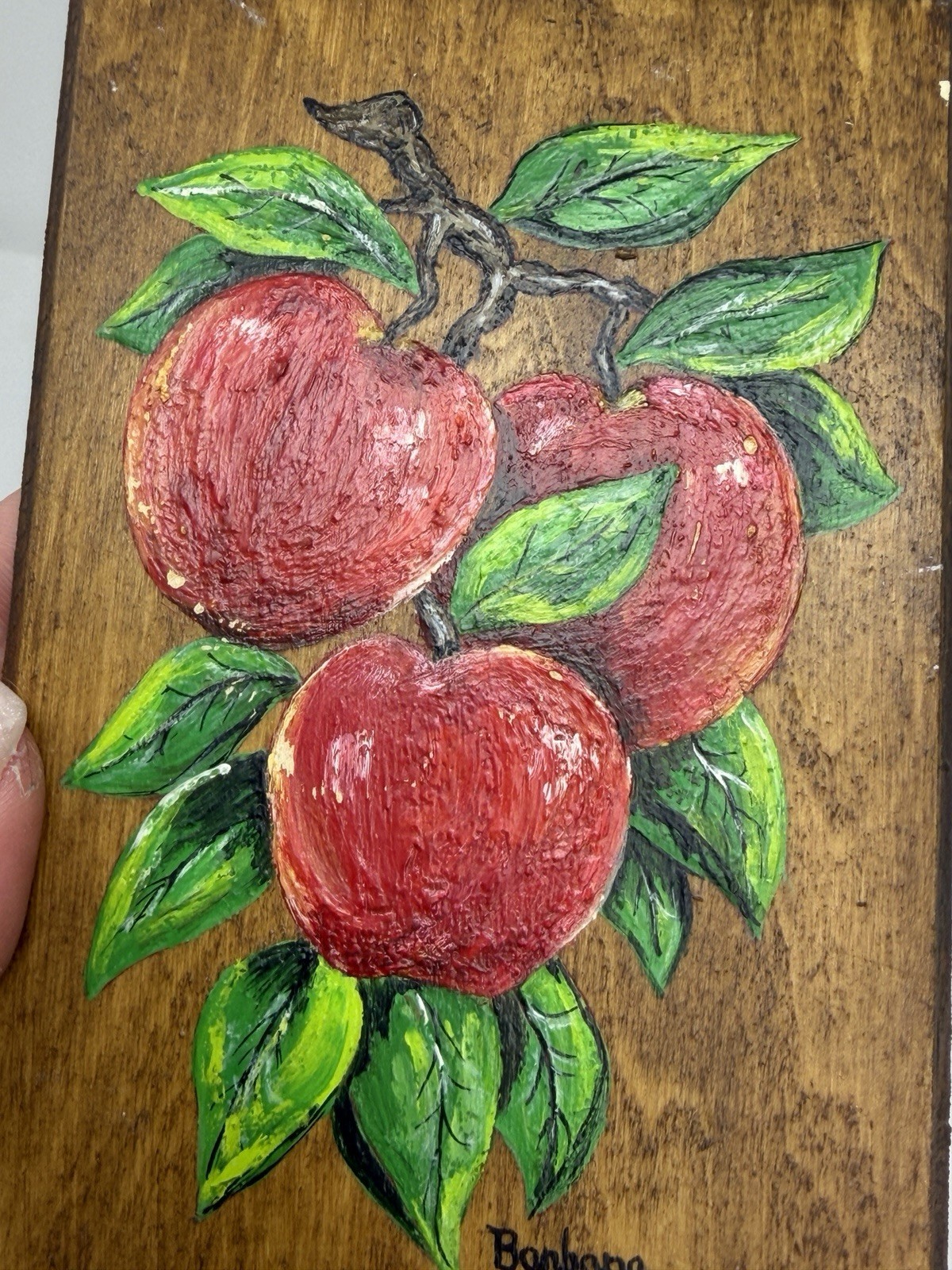 VTG Hand Painted Apple & Strawberry Wood Wall Plaque Set Cottage Core Signed