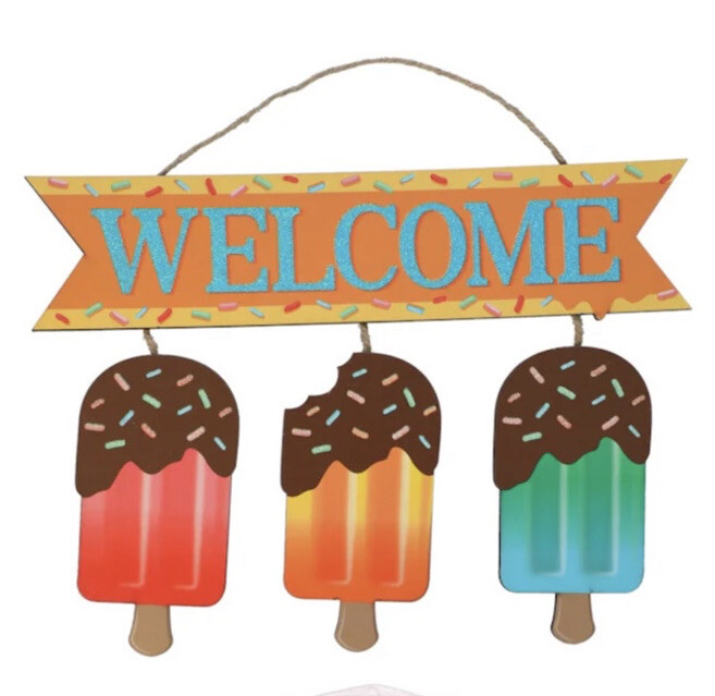 WELCOME Summer Sign Popsicle Frozen Ice Cream Treats Decor Glitter Wall Door NEW