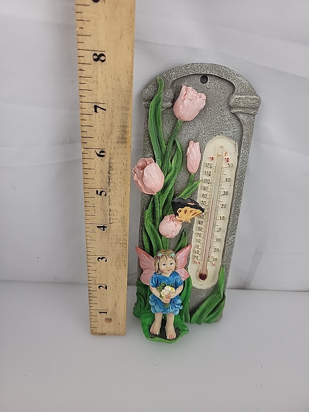 Resin Wall Fairy, Butterflie & Pink Lilies Plaque Thermometer