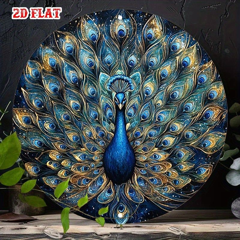 Elegant Peacock Metal Sign Round Blue Gold Art Decor Wall Art for Livingroom