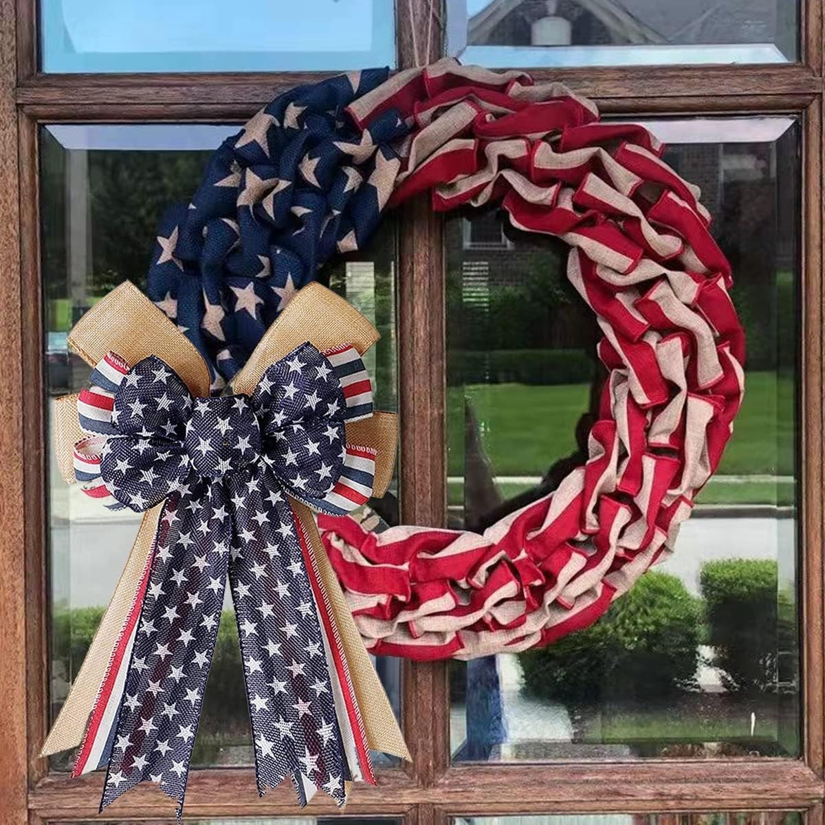 Patriotic Burlap Bow 11×16.5in American Flag Red White Blue Stars 4th of July…
