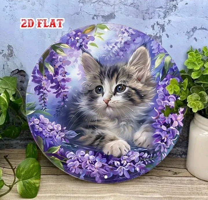 Adorable Tabby Kitten Lilac Flowers Metal Wall Art Round Aluminum Plaque Decor