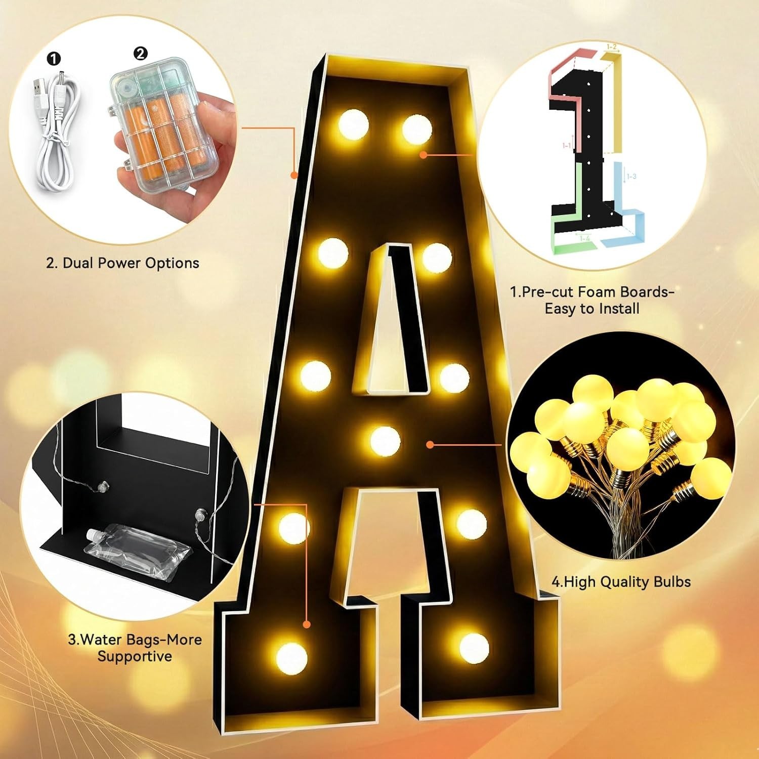 4FT Black Marquee Light Up Letters T for Indoor Outdoor Events Large Party Decor