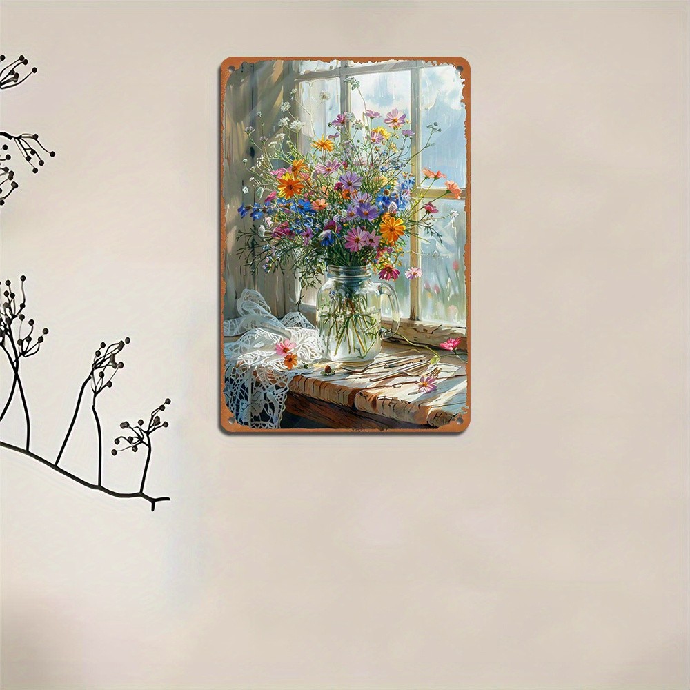 Vintage Wildflower Vase Metal Sign Rustic Home Living Room Wall Hanging Decor