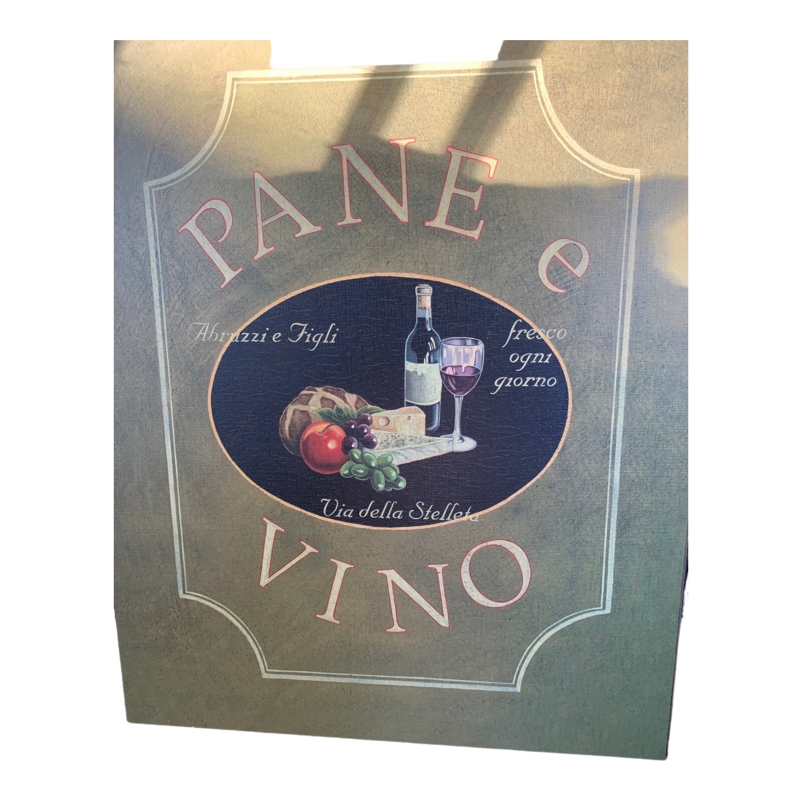 Sign “Pane E Vino” Print Canvas Texture Wood Black Edge Frame 16x20x1” C. Jones