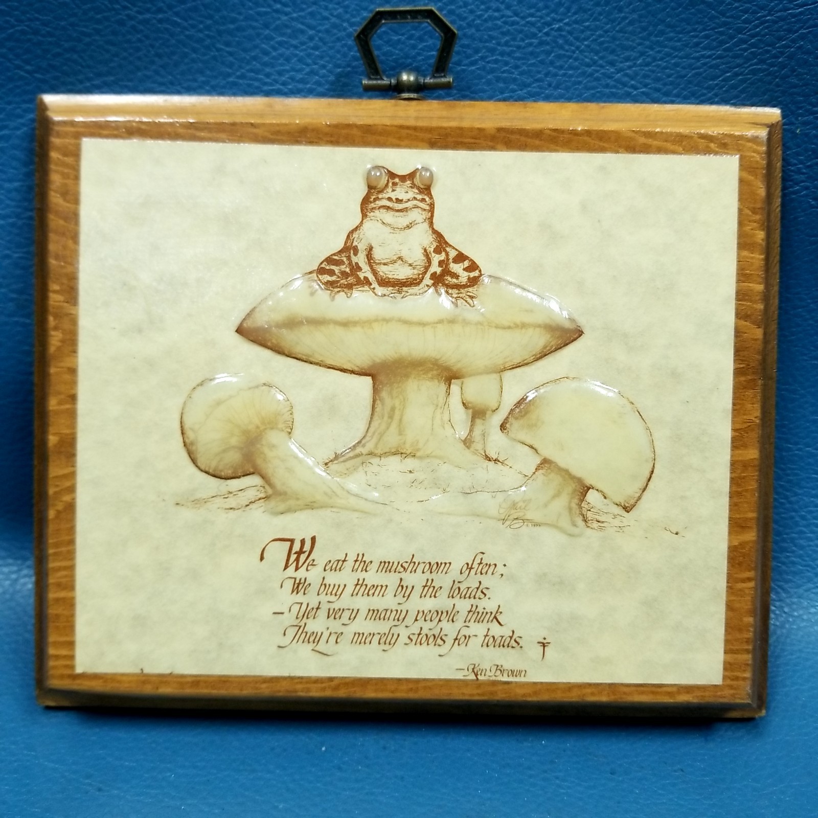 VTG Wood Wall Plaque Ken Brown Mushroom Poem Relief Toadstool Frog Decoupage