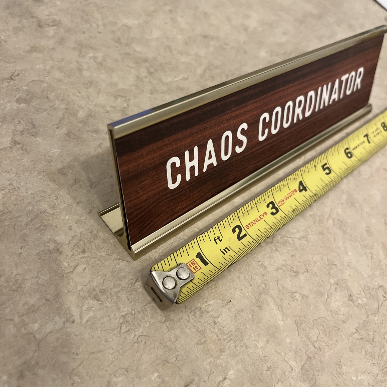 Desk Plaque – “Chaos Coordinator” – Brown Woodgrain/White/Gold – 8″ long Vtg