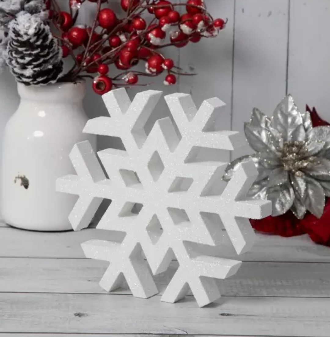 New! 7″ White Glitter Snowflake Cutout Wood Block Sign Decor Winter Christmas