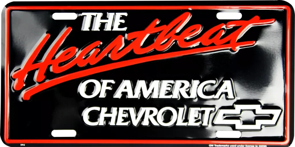 CHEVROLET THE HEARTBEAT OF AMERICA LICENSE PLATE METAL SIGN EMBOSSED CHEVY AUTO