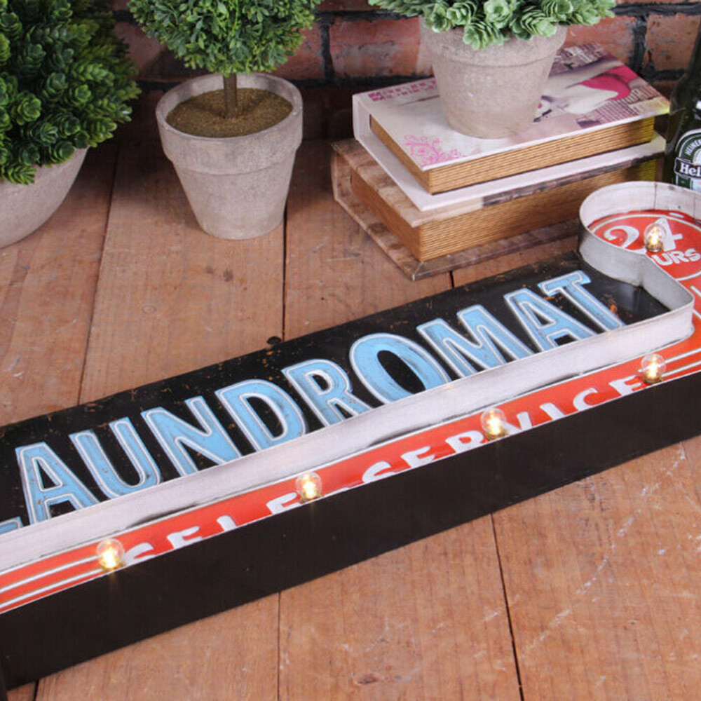 Vintage LED Light Metal Hanging Sign LAUNDROMAT Laundry Shop Art Wall Decoration