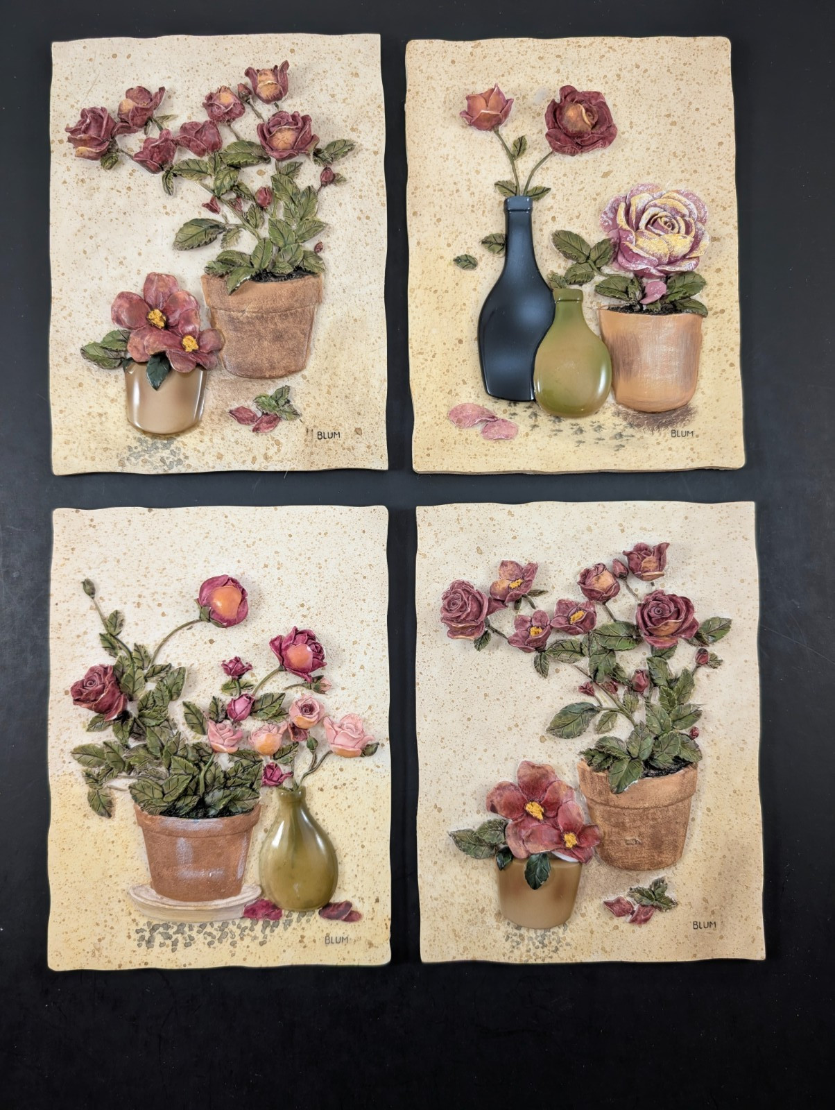 4 Vintage Cheri Blum Floral Wall Plaques Art 3D Floral Resin Tiles 6.25″