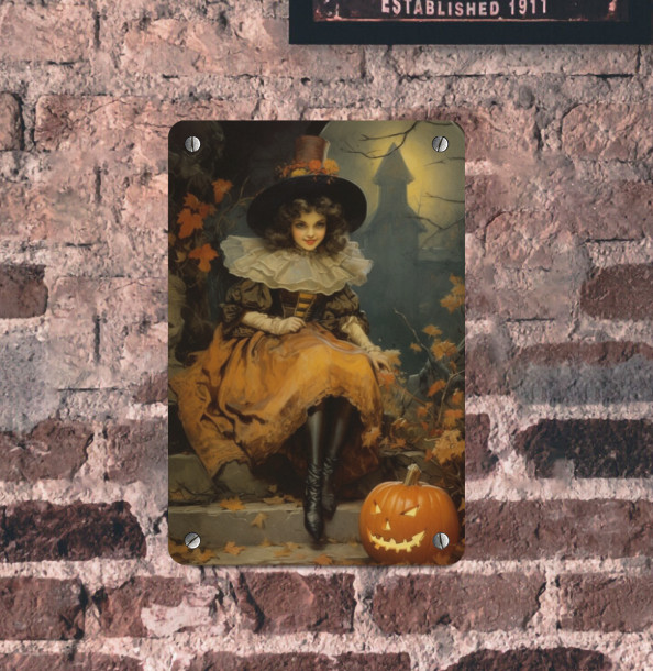 Vintage Victorian Fall Pumpkin Witch Sign Halloween Wall Decor 8×12 NEW