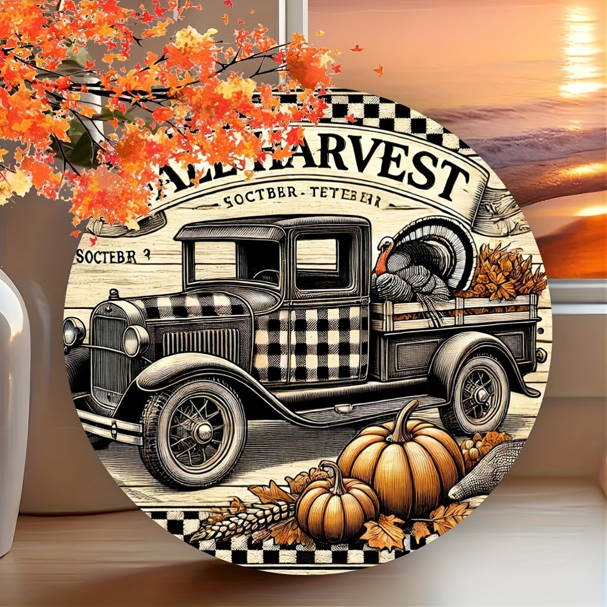 1pc Vintage Autumn Harvest Round Tin Metal Signs, 8×8 inches, Rustic Iron Wall A