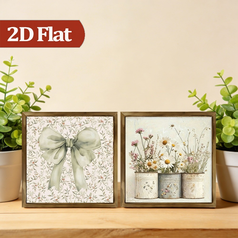 2Pcs Green Bow Daisy Wooden Sign Rustic Farmhouse Floral Bedroom Wall Decor Gift