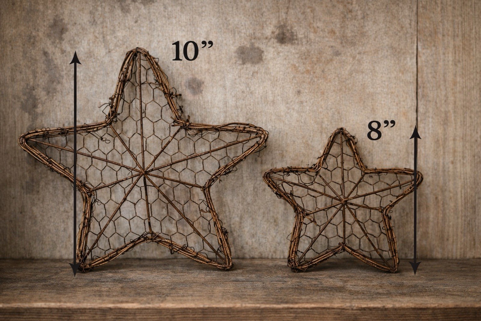 ~ Rustic Chicken Wire Star Wall Decor, Grapevine Frame, 8 Inch, 10 Inch Set 2