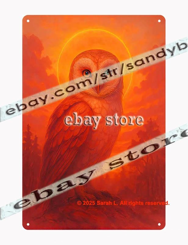 Amber Owl Portrait Tin Sign Mystic Bird Wall Art 3D effect