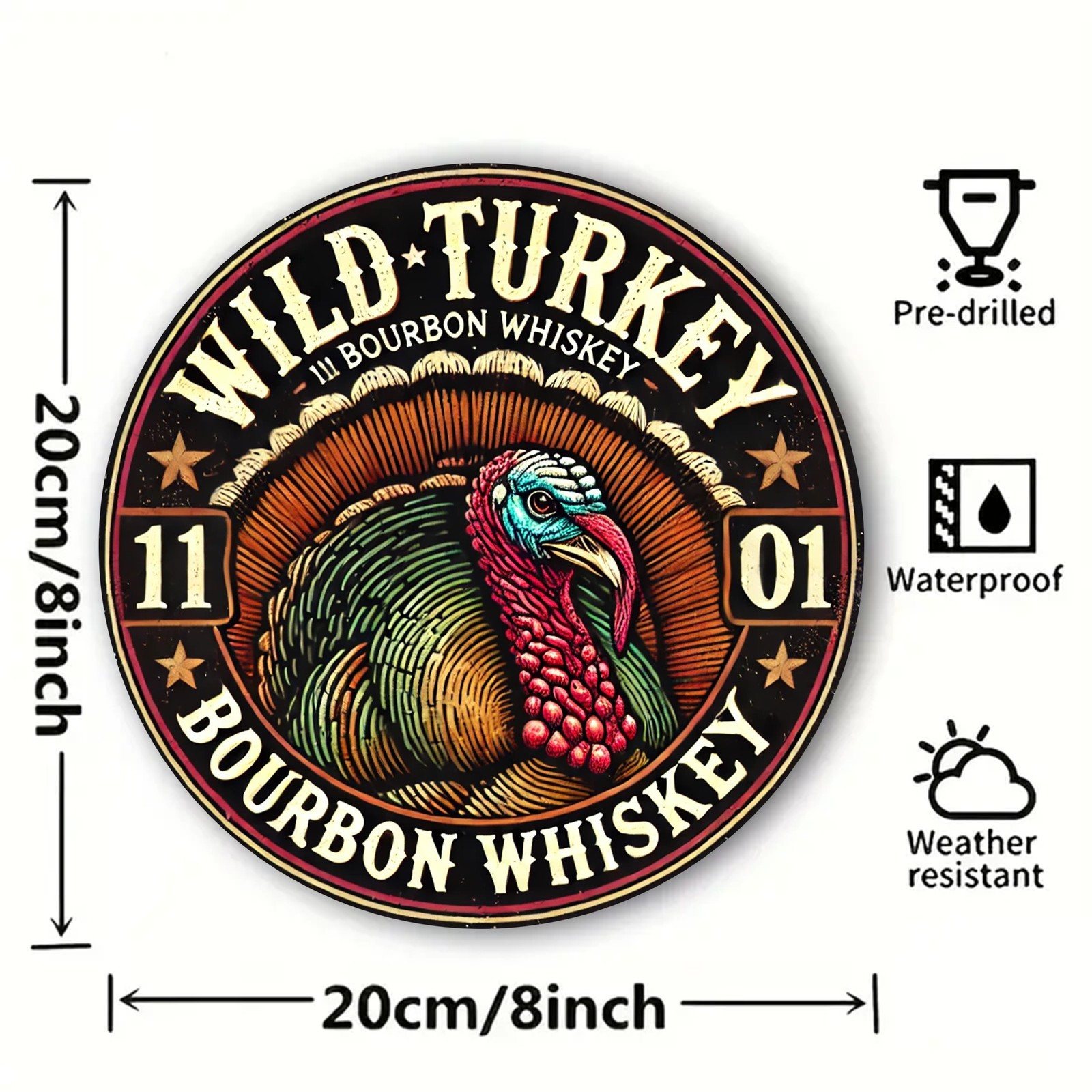 [2D Flat] Wild Turkey Bourbon Whiskey Round Tin Metal Signs – 8×8 Inch Al