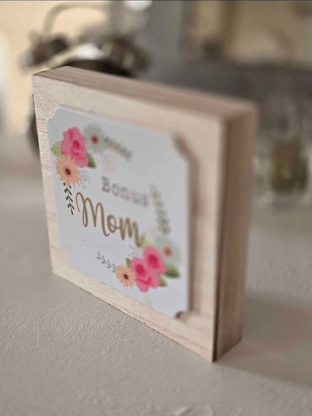Floral Painted Wood Bonus Mom Square Decorative Plaque Sign for Any Room
