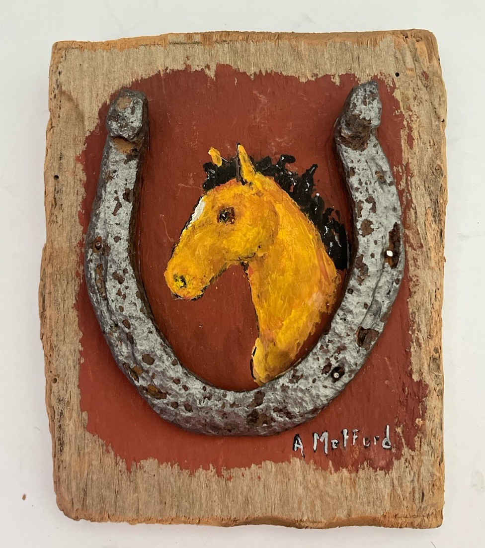Hand Made Unique Wood Painted Horse Plaque w/ Horse Shoe Signed 5×7 SALE!