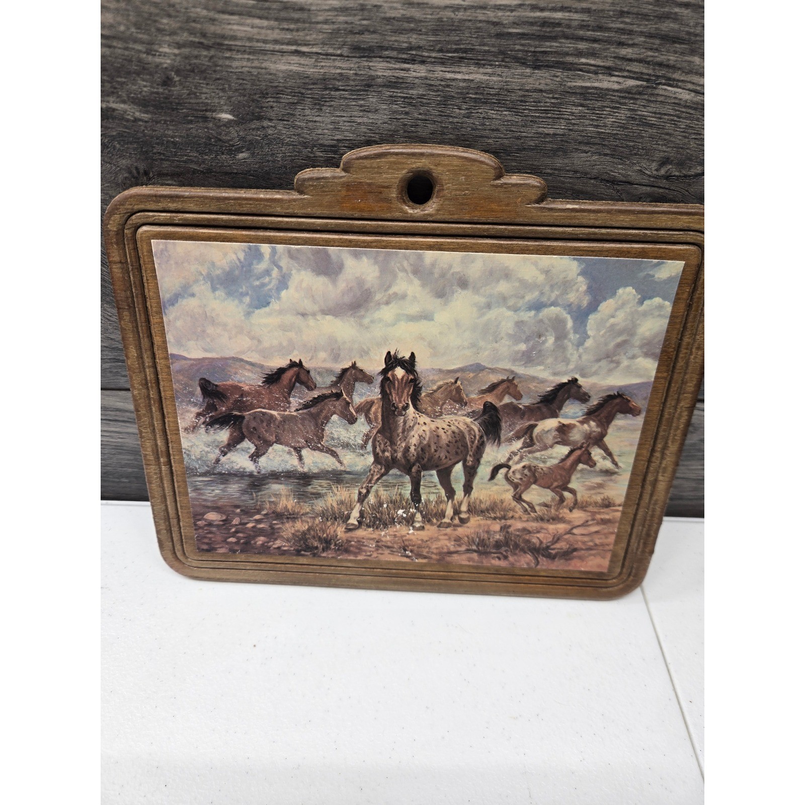 Vintage Wild Horses Wooden Wall Plaque Art Western Equestrian Decor 11.5×9.5