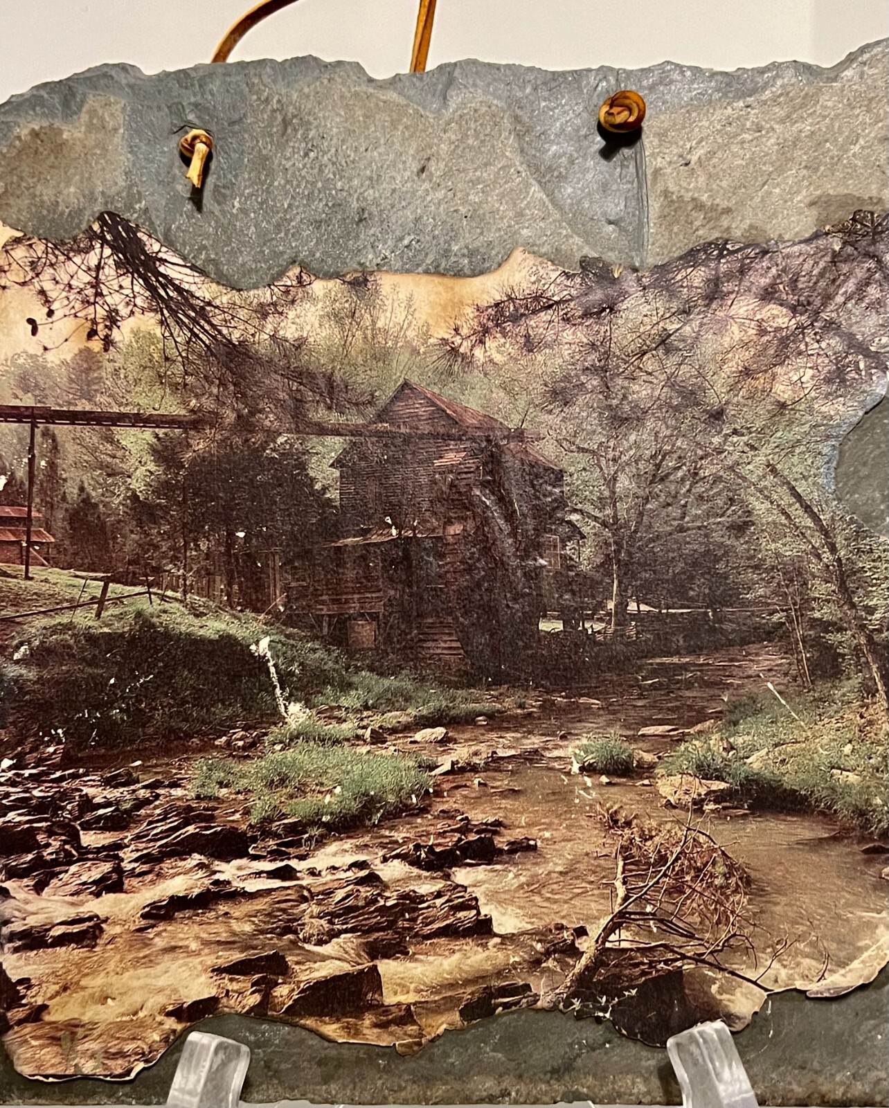 STREAM OLD ROOF SLATE PICTURE 8 INCHES BY 9 INCHES “MOUNTAIN CABIN”