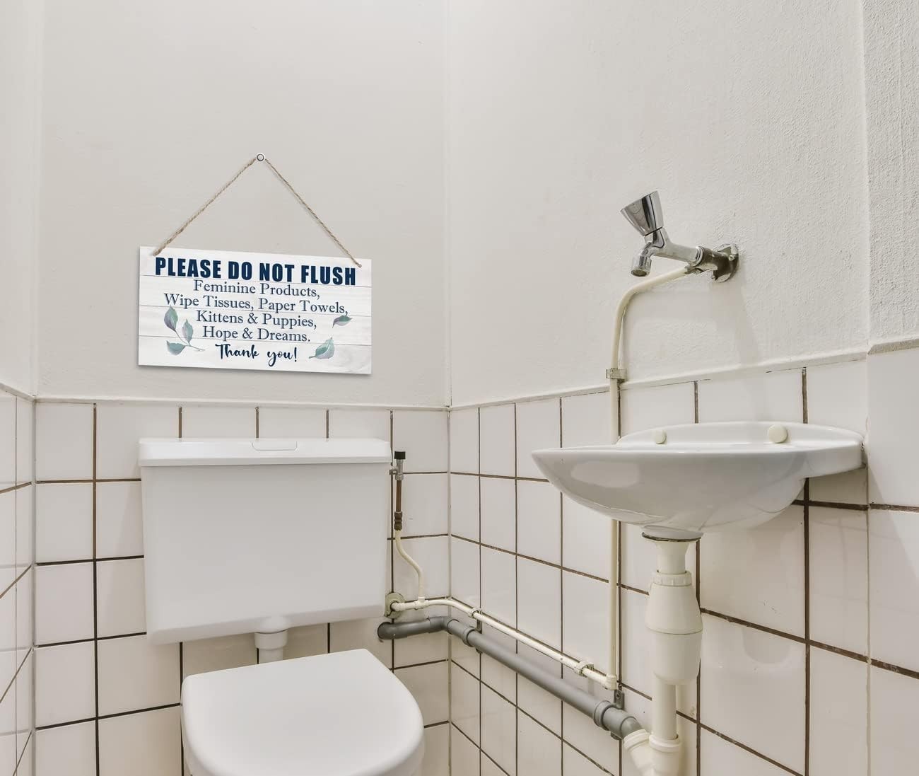 Charming 12×6 Wooden Bathroom Rules Sign – Please Do Not Flush Feminine Products