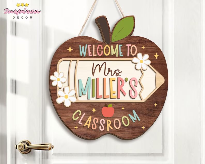 Personalized Apple Teacher Name Door Sign, 3D Welcome Classroom Decor