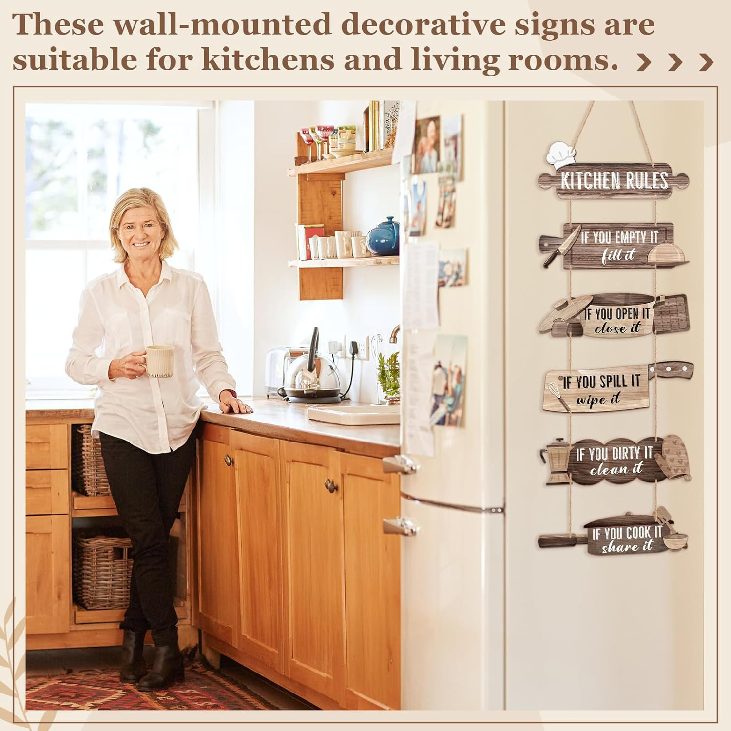 6 Pack Kitchen Rules Signs and Decor, Rustic Wooden Hanging Kitchen Signs Wall D