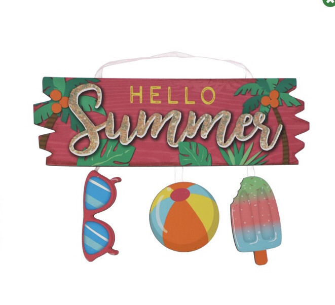 HELLO SUMMER Sign Sunglasses Beach Ball Frozen Treat Decor Glitter Wall Door NEW