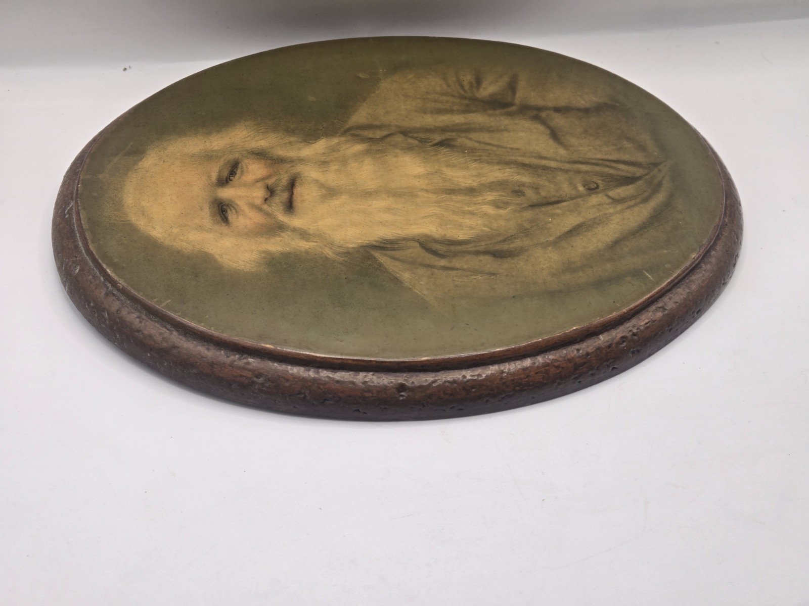 Rustic Oval Wooden Wall Plaque Portrait Smiling Old Man Beard Vintage Art Creepy