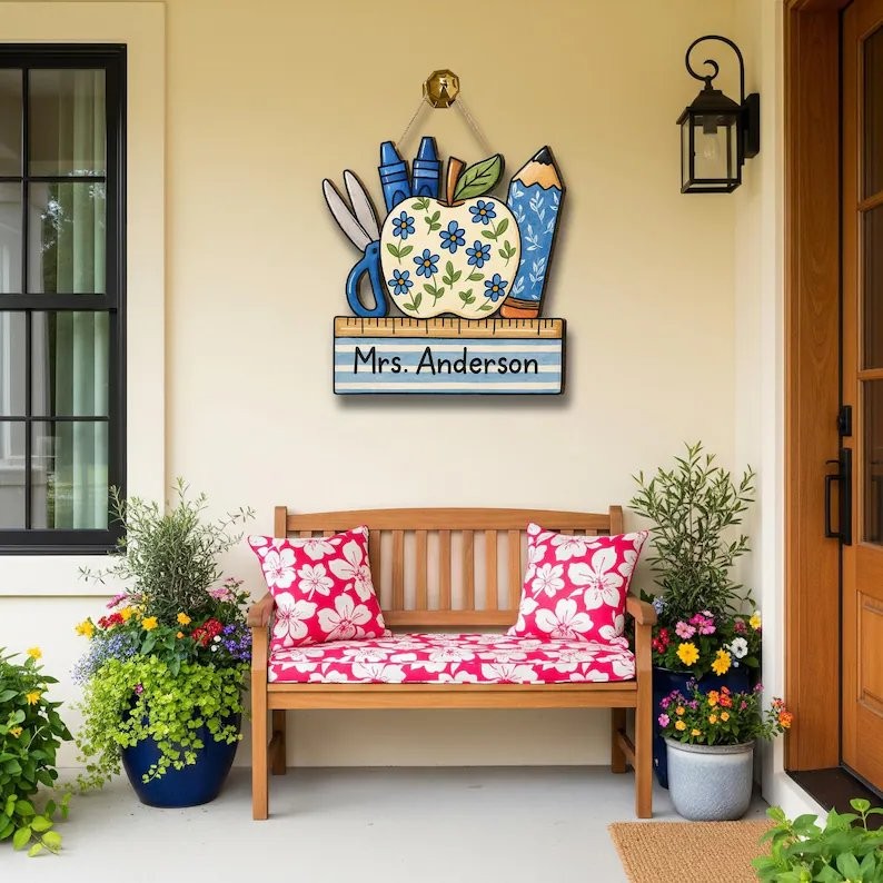 Personalized Teacher Door Sign, Floral Apple Classroom Wood Decor Gift