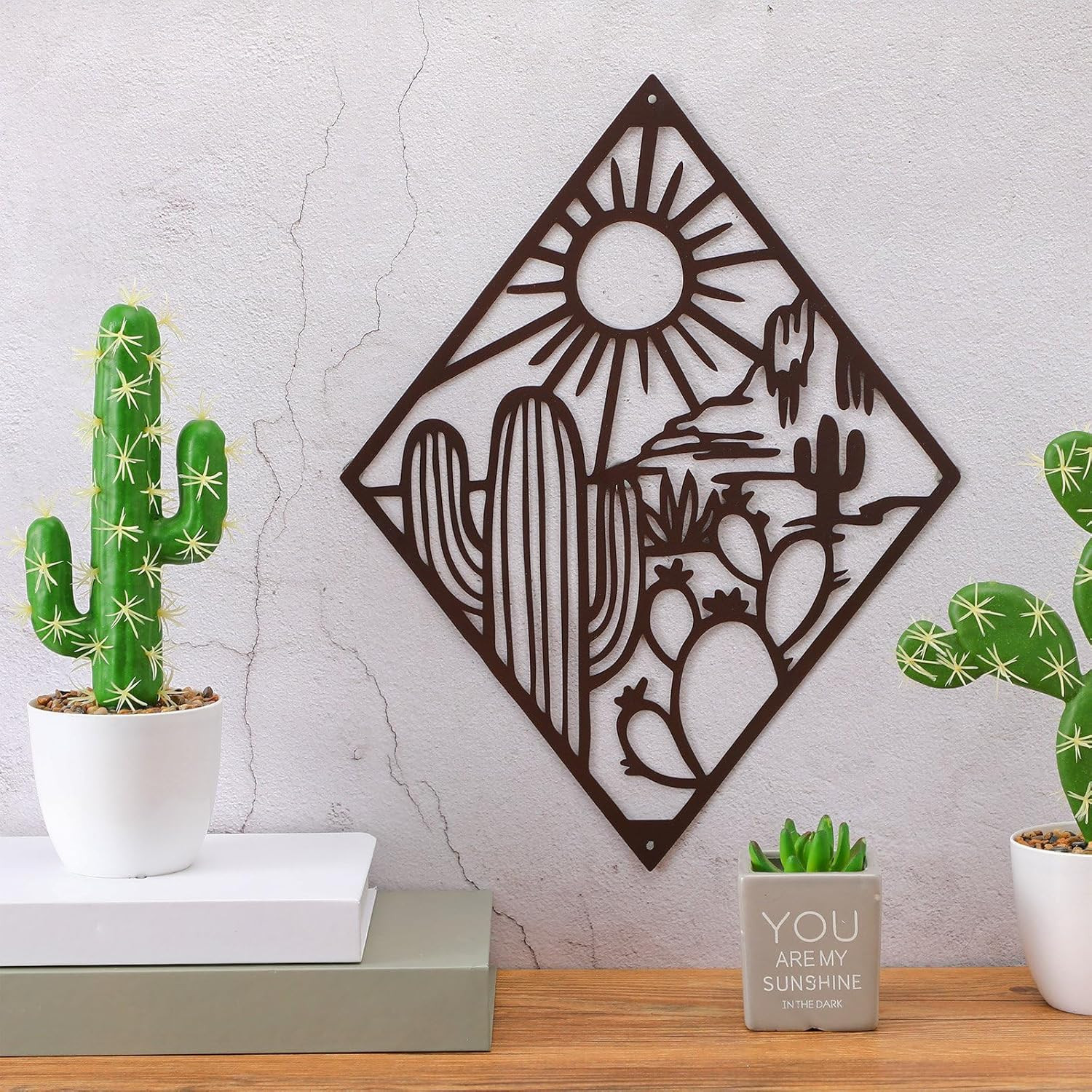 Metal Cactus Wall Art Decor Dark Brown Matte Hollow 15.8×12.2″ Home Office