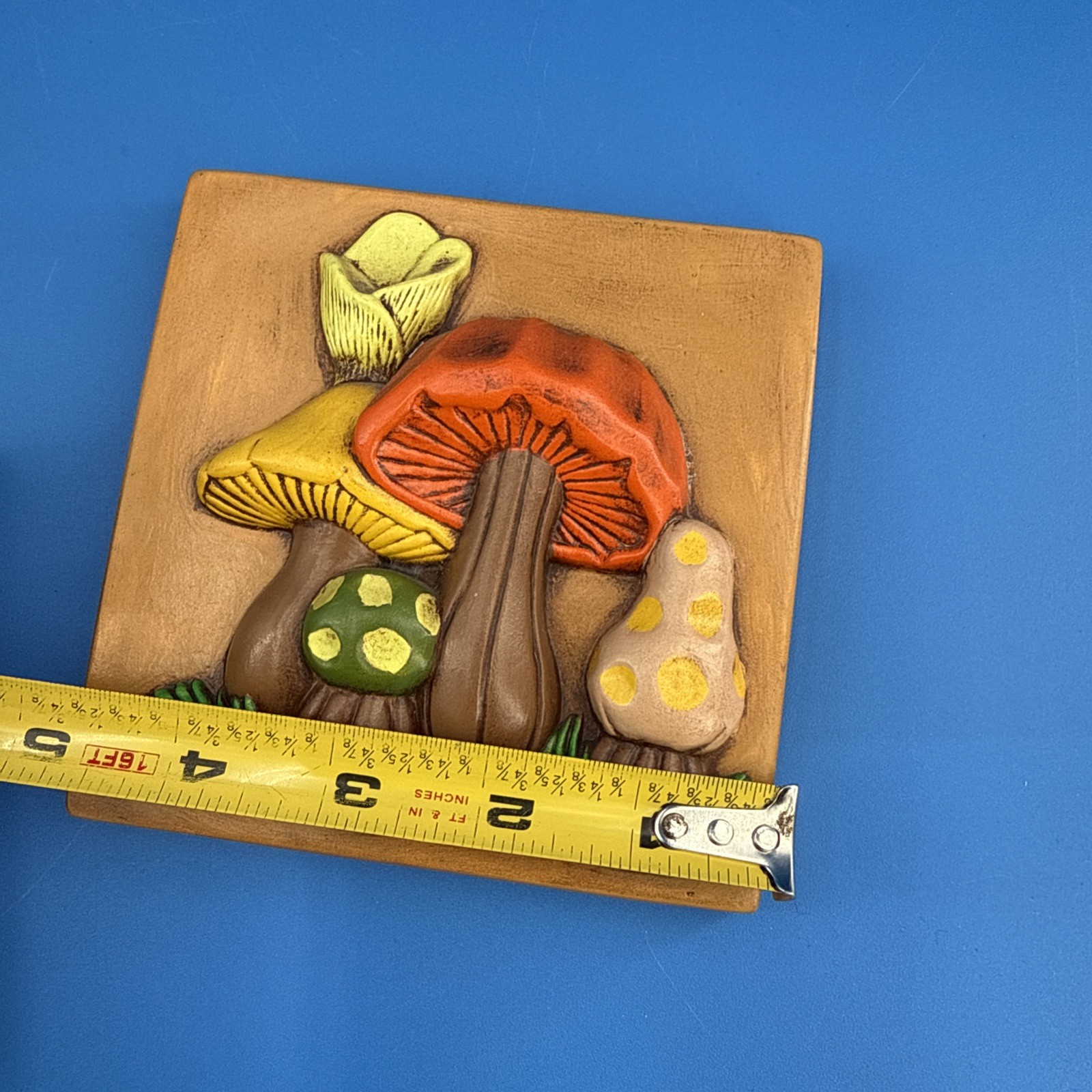 Vtg Lot Of 3 Mushroom Wall Art Hand Painted Orange Plaque 70s Ceramic 3D