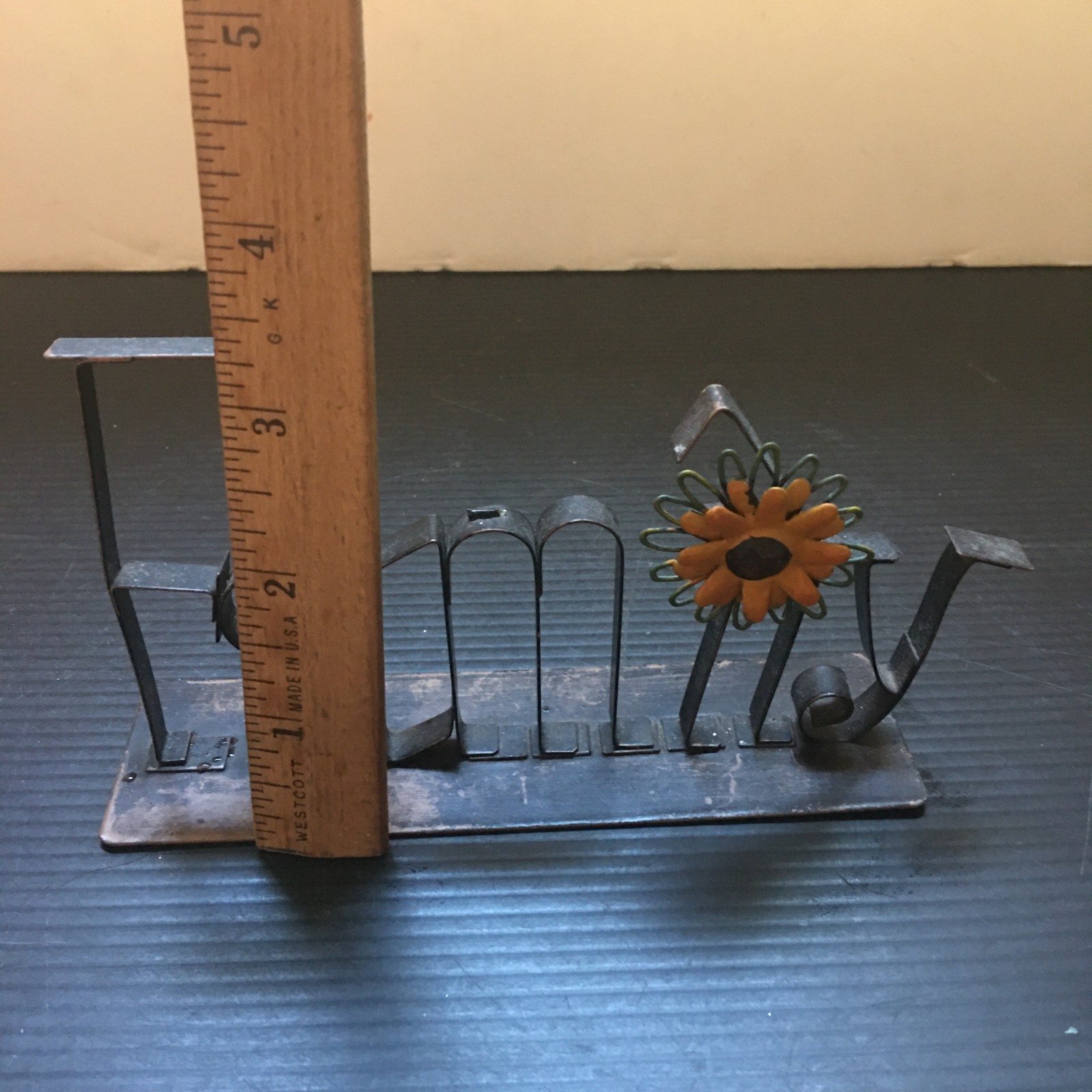 Vintage Metal Stand “FAMILY” Lettering Tabletop Display with Sunflower 6″L