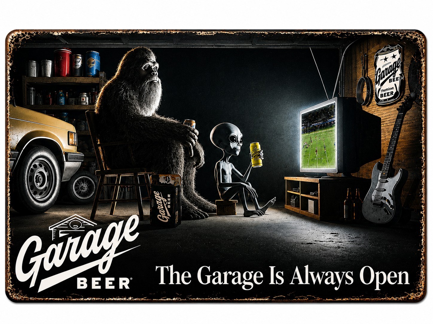 Garage Beer Bigfoot Tin Bar Sign Proudly Serving The Garage is AlwaysOpen 12 X 8