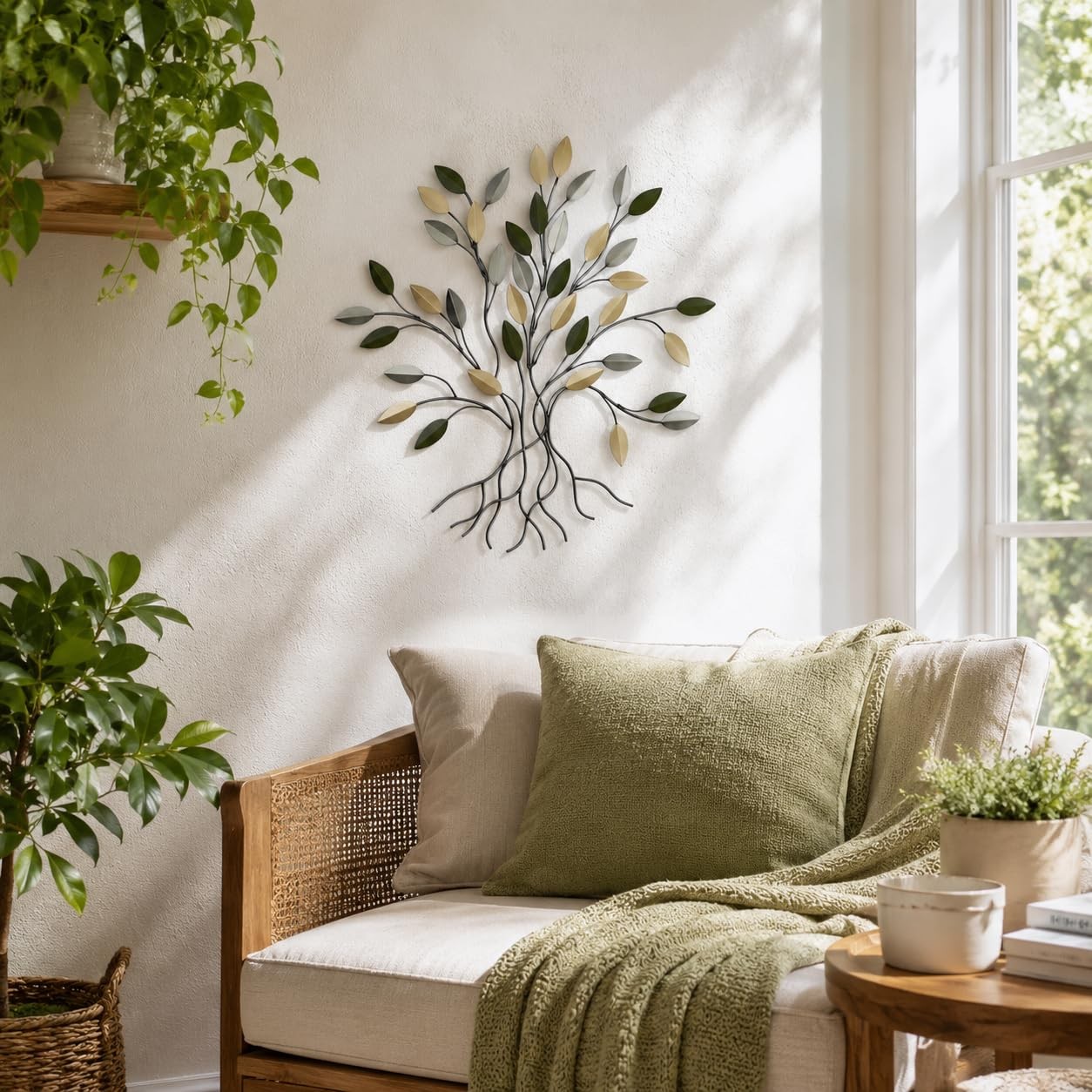 16″ Green and Gold Tree of Life Metal Wall Art, Rustic Home Decor Leaf Sculpture