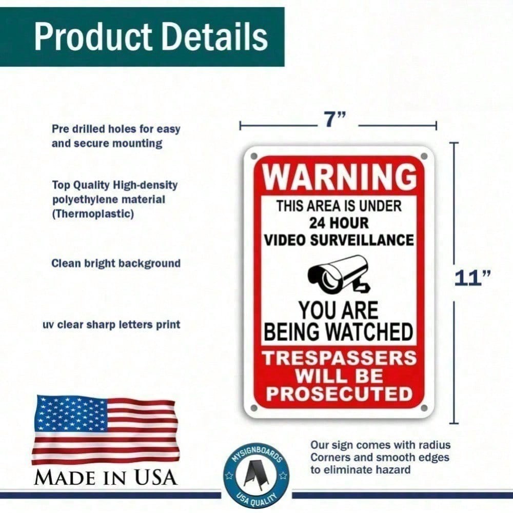 24 Hour Video Surveillance Metal Sign Weatherproof Security Warning Yard Outdoo