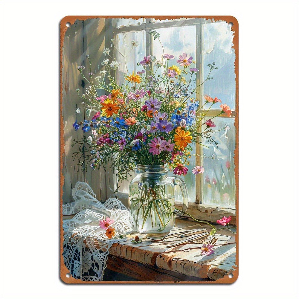 Vintage Wildflower Vase Metal Sign Rustic Home Living Room Wall Hanging Decor