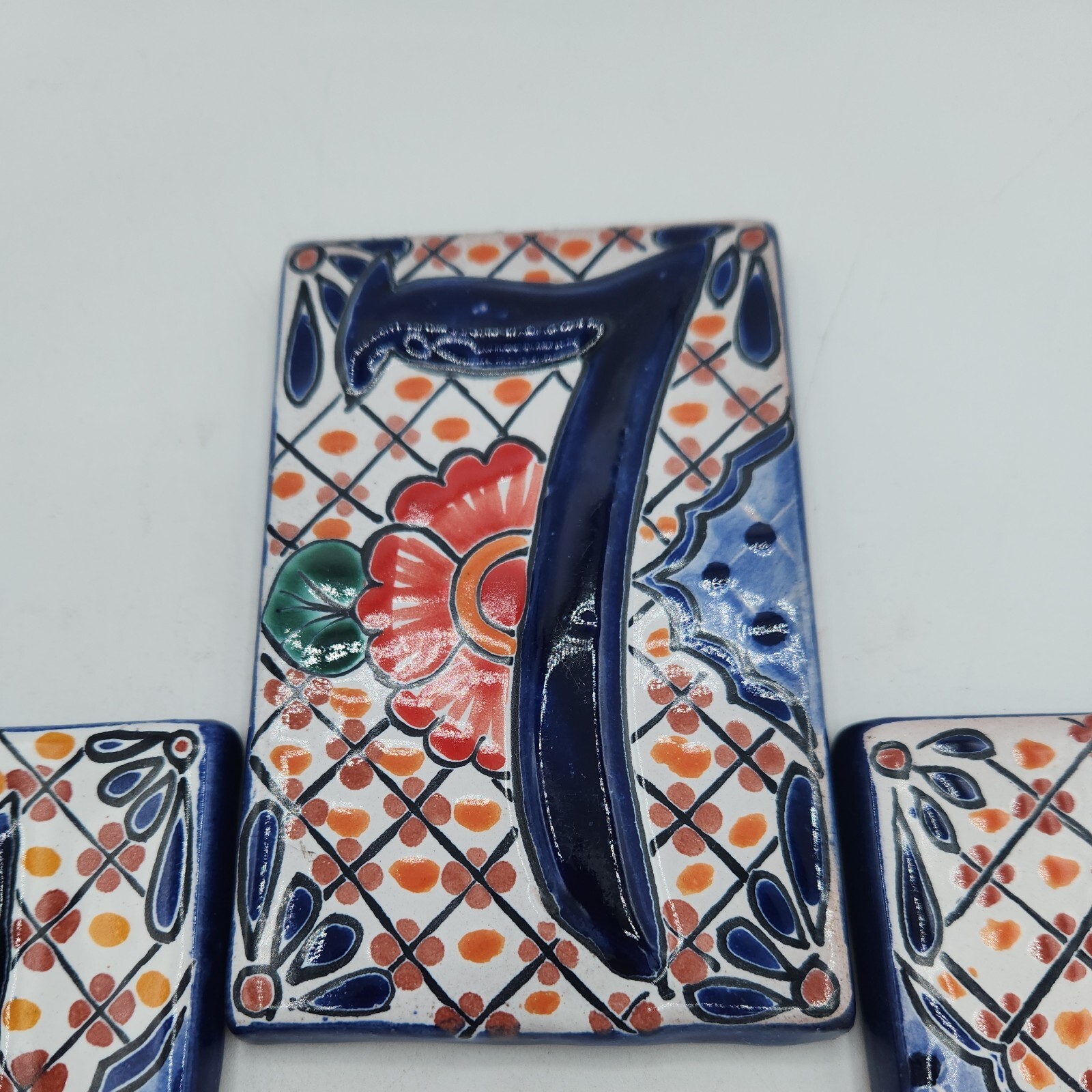 Talavera House Number 7, 1, 1 only Blue High Relief Made in Mexico
