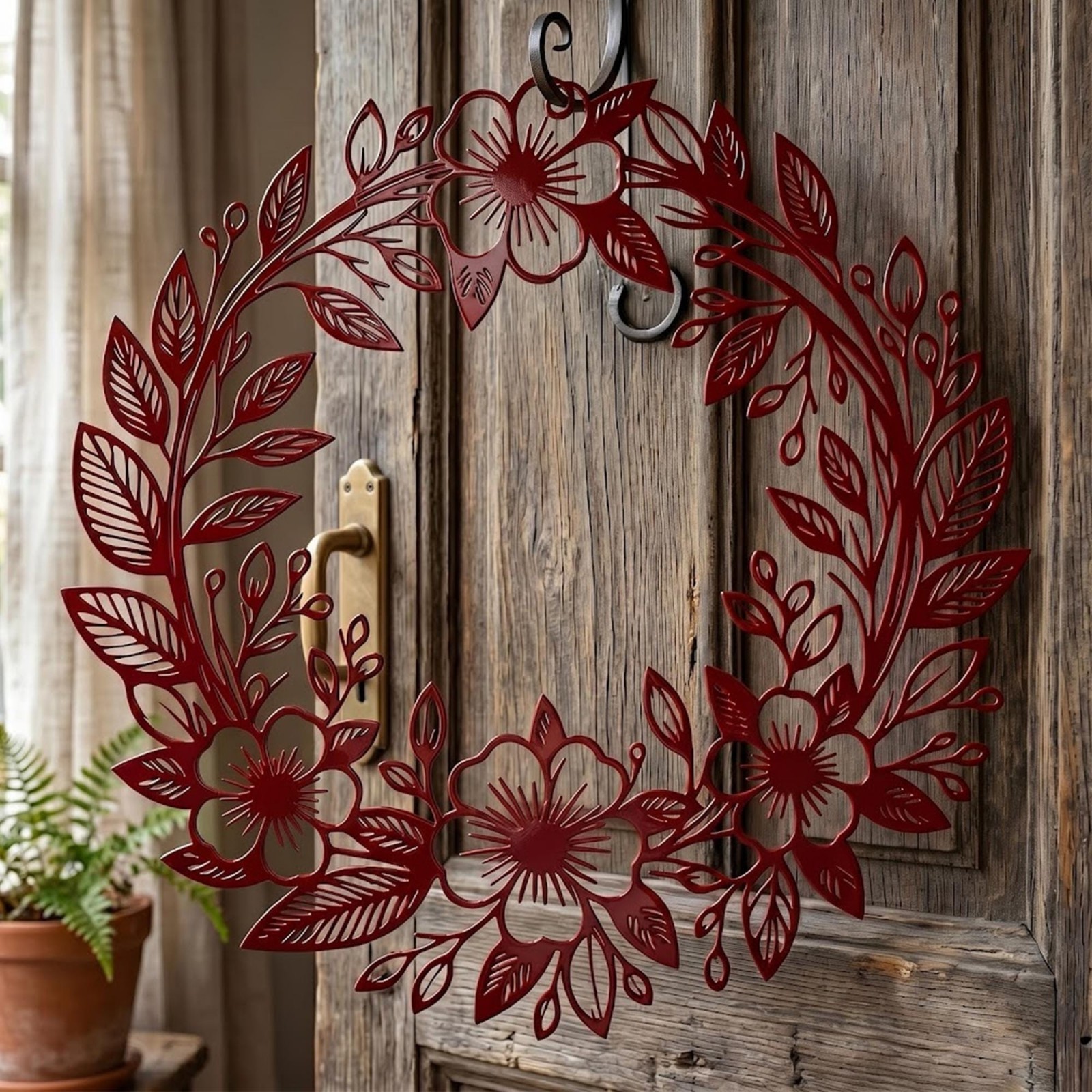 Metal Floral Wreath Wall Art Botanical Rustic Farmhouse Home Shop Decor Gift