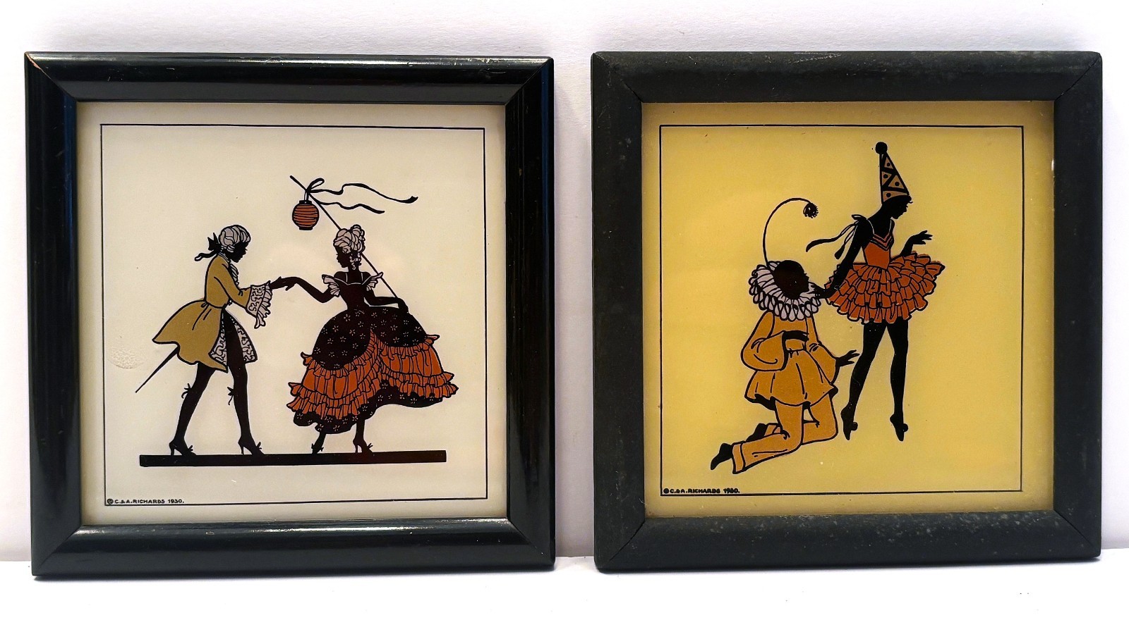 1930 Silhouette Reverse Painting “Minuets and Pierrettes” PAIR 4×4