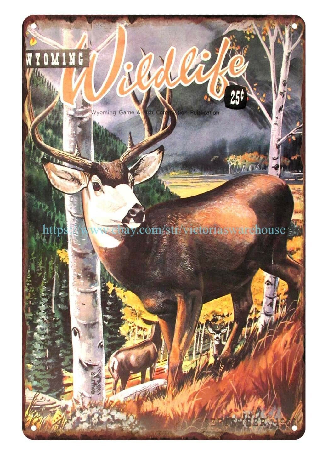 indoor bedroom ideas Wyoming Wildlife 1966 Mule Deer metal tin sign
