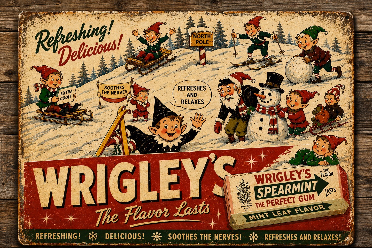 Vintage Look Wrigley’s Spearmint Gum Sign Retro Christmas Advertising Wall Deco