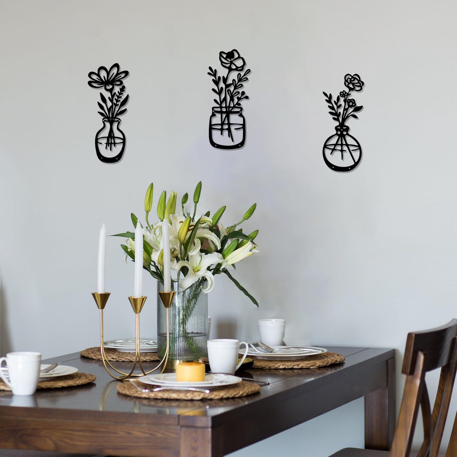 3 PCS Matte Black Metal Flower Wall Art Decor Living Room Bedroom Kitchen