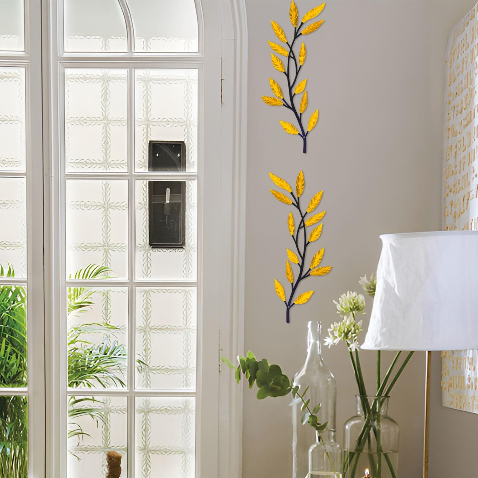 Metal Tree Leaf Wall Decor 2 PCS Golden Yellow Rustic Vine Branch Wall Art