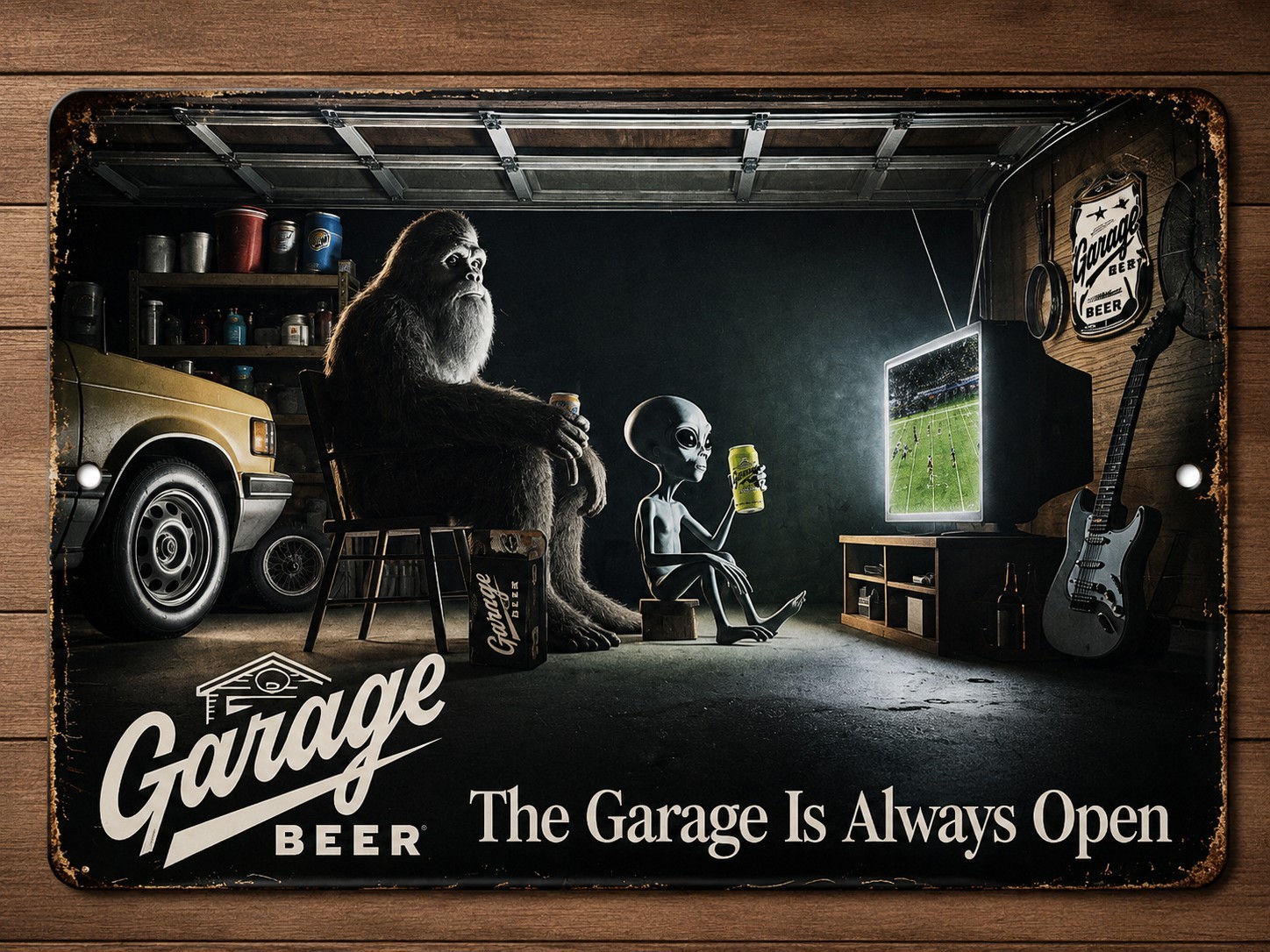 Garage Beer Bigfoot Tin Bar Sign Proudly Serving The Garage is AlwaysOpen 12 X 8
