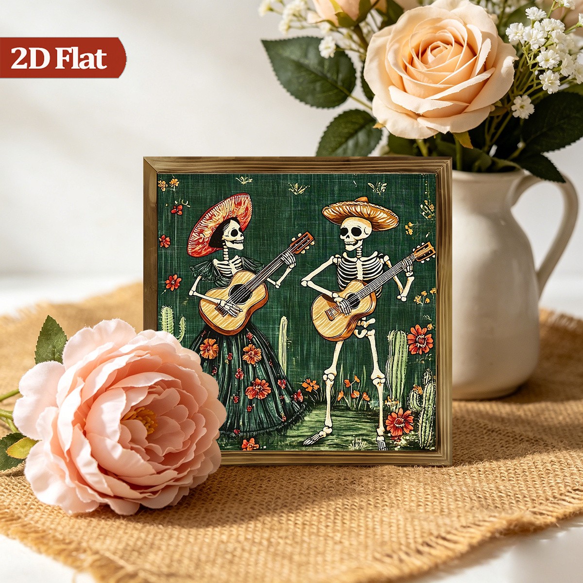 Mexican Day Dead Skeleton Couple Playing Guitar Wooden Plaque Boho Home Decor